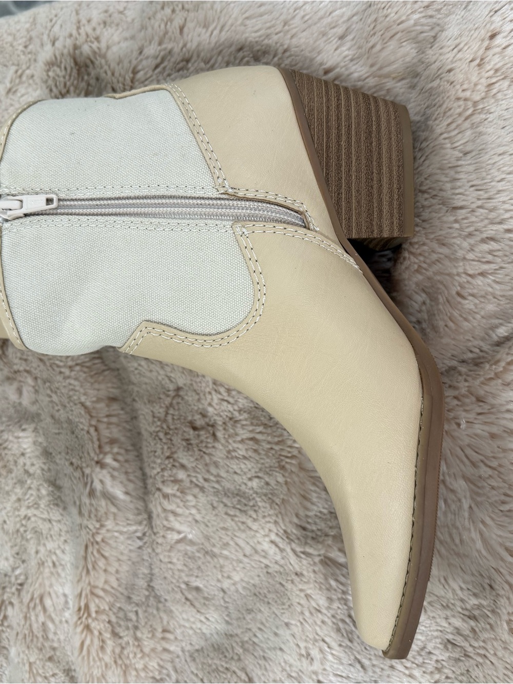 Women's Beige Ankle Cowboy Boots - Stylish Cream Block Heel - Picture 4 of 5
